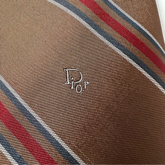 Christian Dior Tie Brown with Tiny Red & Cream Stripes Luxury Wear w/Logo - Picture 6 of 8